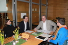 Dornbirner Messe: Rege Diskussion zwischen Bianca Burtscher (Naturschutzbund Vorarlberg), Markus Mähr (Projektleiter RHESI), Richard Lehner (Moderator) und Lukas Indermaur (WWF Schweiz), v.l.n.r © Andi Götz